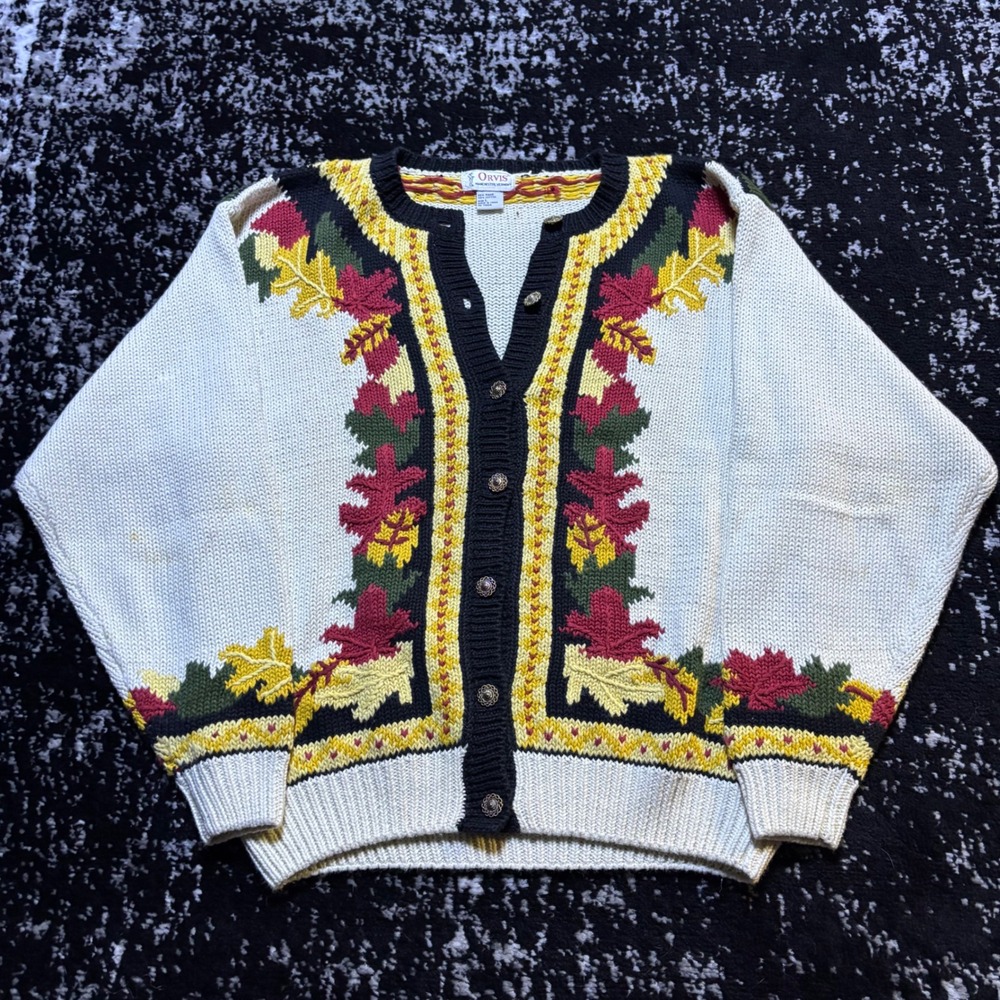 Orvis Vintage Fall Leaf Knit Cardigan Sweater Womens Large Ramie Cotton Cream